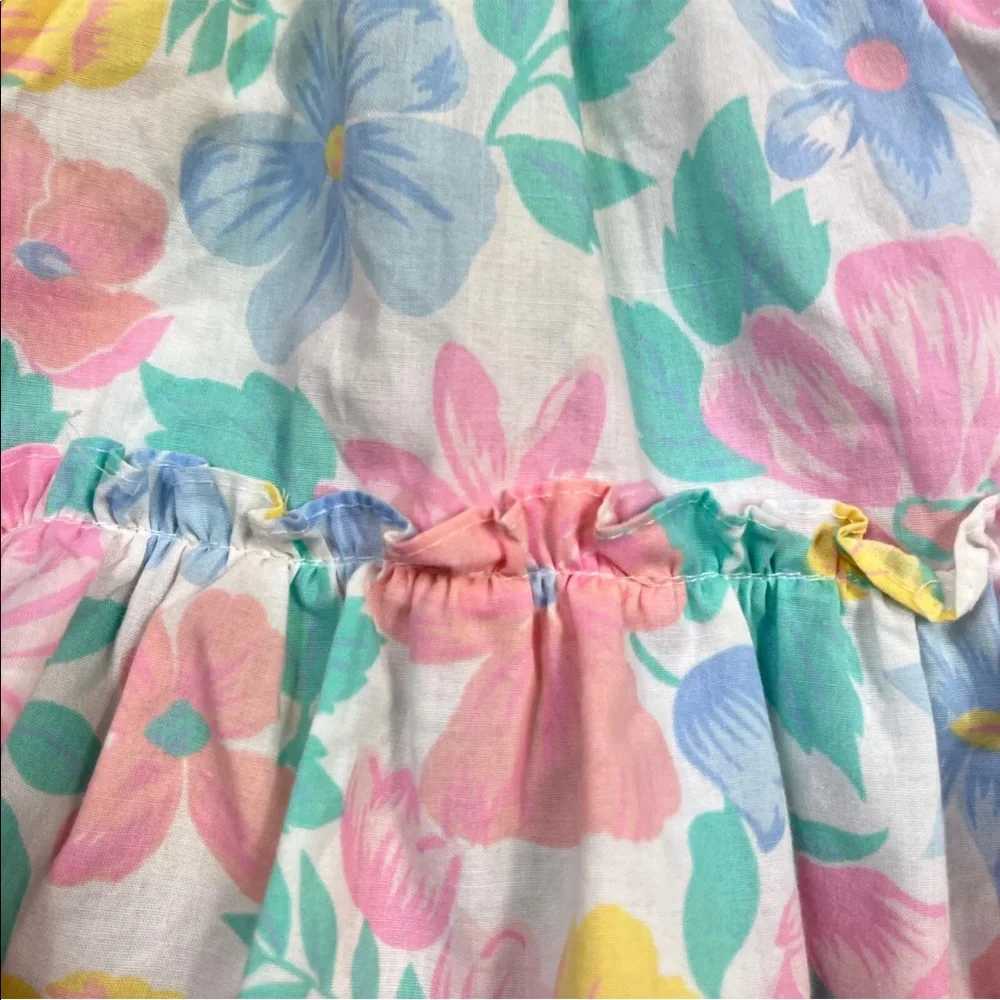 Vintage Baby Girls Blue Pink Floral Ruffle Pinafore Dress